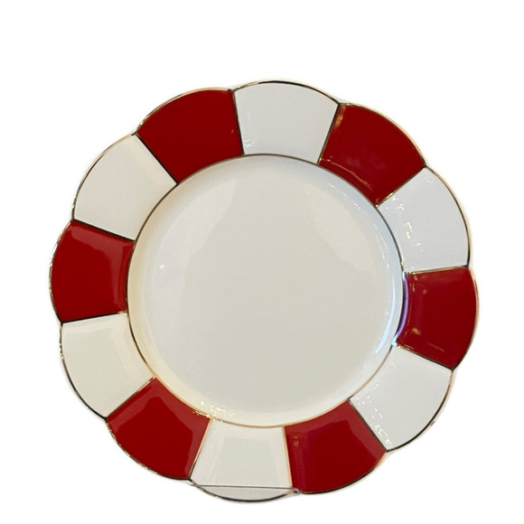 Grace Teaware Porcelain Salad Plate 8in Red & White Stripe Gold Trim Set 2 New - Picture 9 of 16
